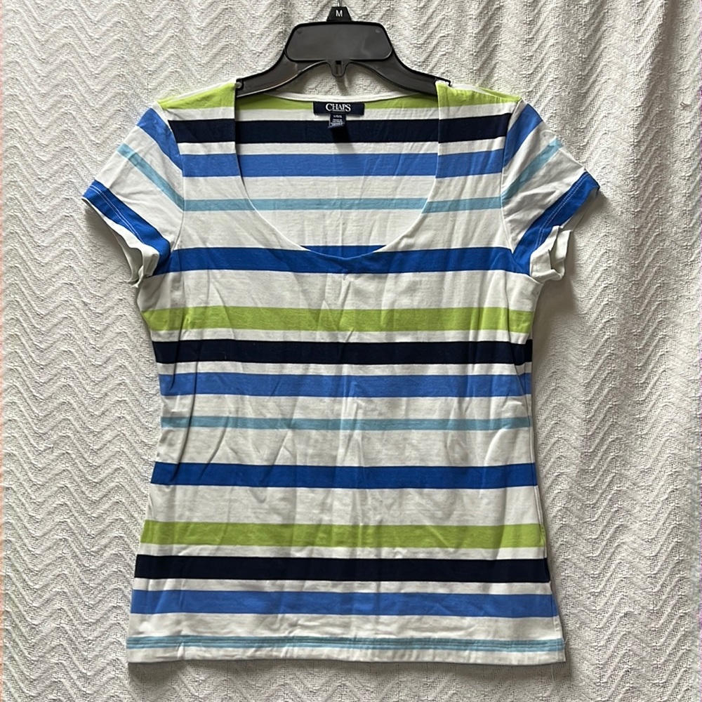 Chaps green, blue and white striped Blouse.  It’s a size Large in fabulous shape
